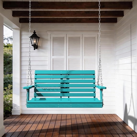 RIAFUN HDPE Hanging Porch Swing Chair, 2-Person Swing Bench with Adjustable Cup Holder & Ergonomic Design for Balcony, Garden, Poolside, Turquoise