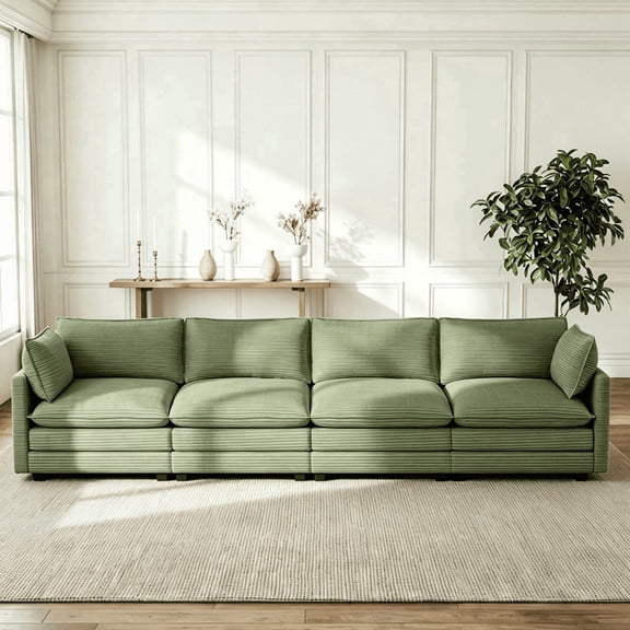 RIAFUN Oversized 4-Seat Modular Corduroy Sectional Cloud Couch, Deep Seat Upholstered Sofa with 2 Throw Pillows, Cozy Living Room Furniture, Green
