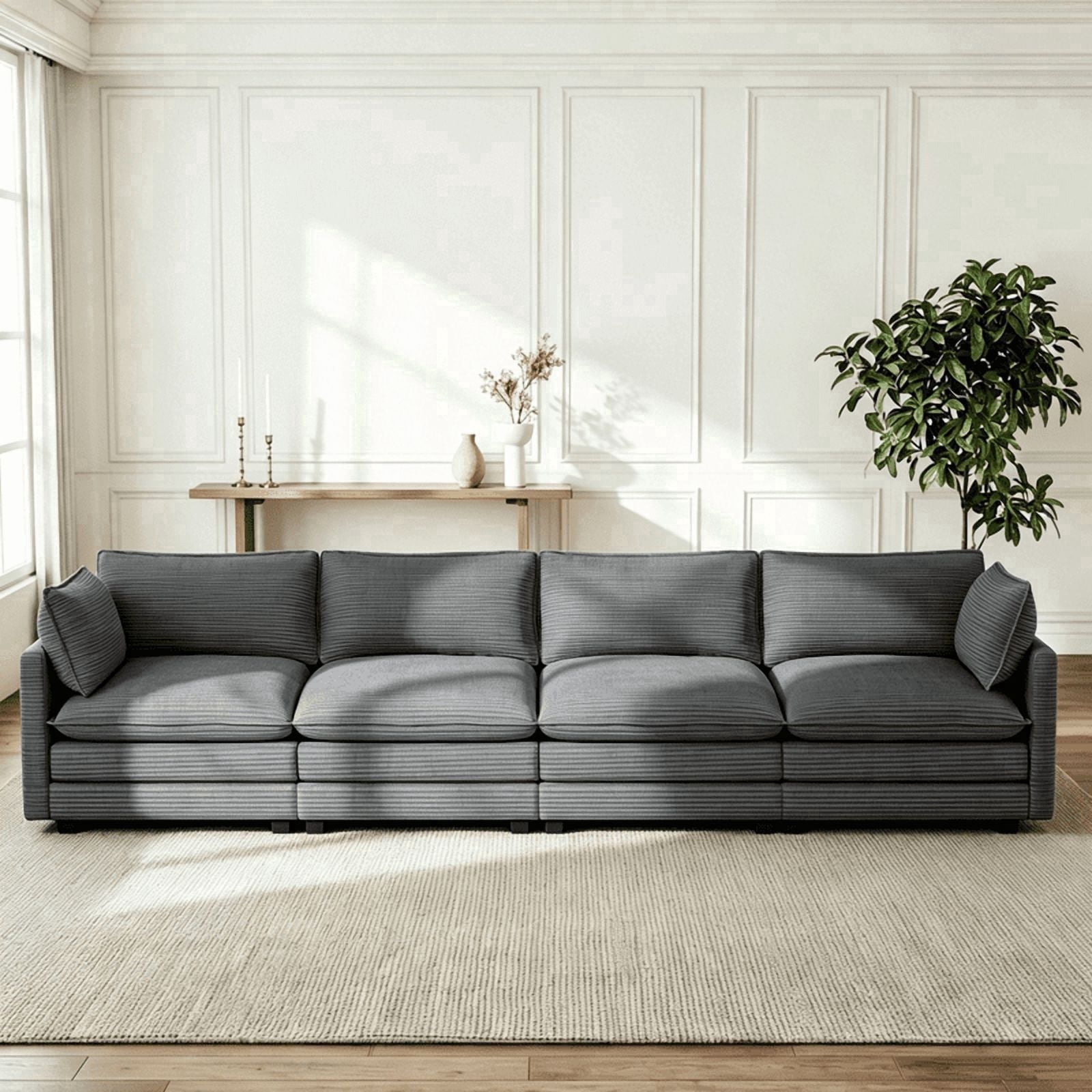 RIAFUN Oversized 4-Seat Modular Corduroy Sectional Cloud Couch, Deep Seat Upholstered Sofa with 2 Throw Pillows, Cozy Living Room Furniture, Dark Gray