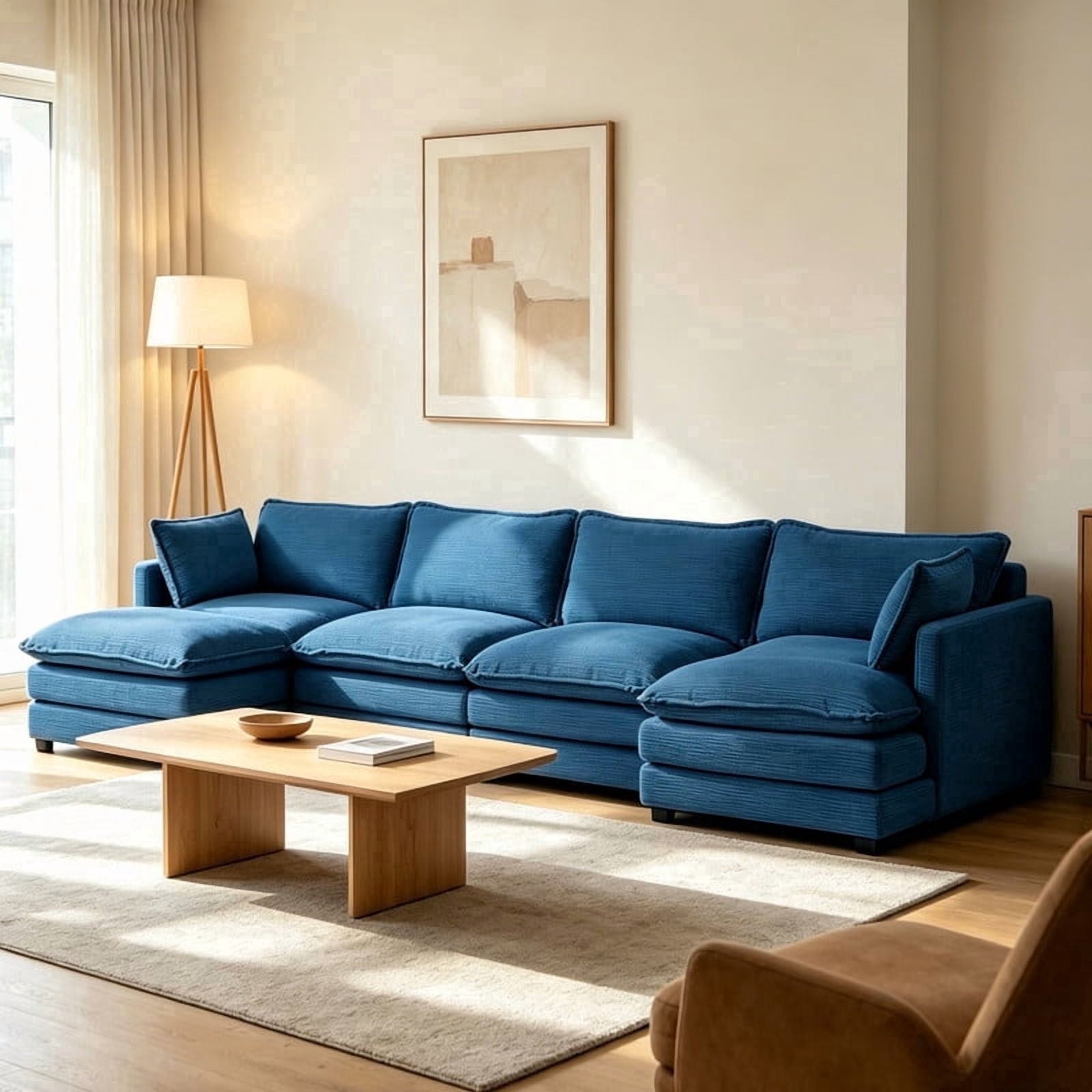 RIAFUN Sectional Cloud Couch with 2 Ottomans, Oversized U-Shaped Modular Corduroy Sofa, Convertible 4 Seat Sleeper Sofa Furniture Set for Living Room and Office, Navy
