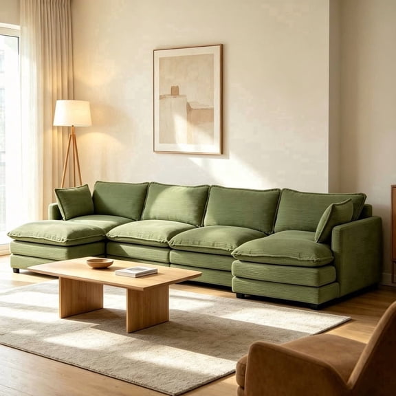 RIAFUN Sectional Cloud Couch with 2 Ottomans, Oversized U-Shaped Modular Corduroy Sofa, Convertible 4 Seat Sleeper Sofa Furniture Set for Living Room and Office, Green