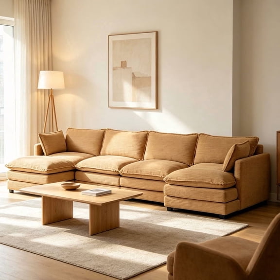 RIAFUN Sectional Cloud Couch with 2 Ottomans, Oversized U-Shaped Modular Corduroy Sofa, Convertible 4 Seat Sleeper Sofa Furniture Set for Living Room and Office, Yellow