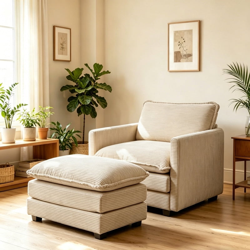 Zriang Single Armchair with Ottoman, Modern Corduroy Cloud Couch with Convertible Chaise, Oversized 56" Deep Seat Upholstered Sofa Set, Comfy Modular Small Space Furniture for Living Room, Khaki