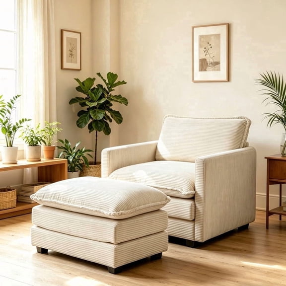RIAFUN Single Armchair with Ottoman, Modern Corduroy Cloud Couch with Convertible Chaise, Oversized 56" Deep Seat Upholstered Sofa Set, Comfy Modular Small Space Furniture for Living Room, Beige