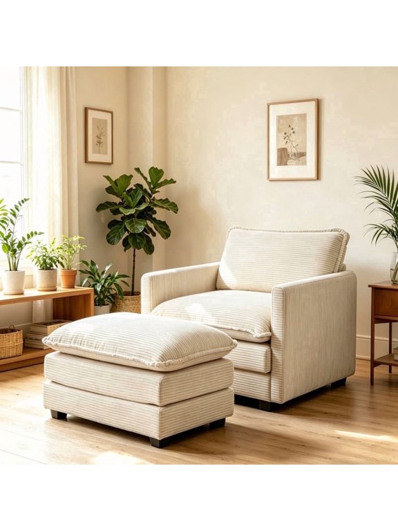 Single Armchair with Ottoman, Modern Corduroy Cloud Couch with Convertible Chaise, Oversized 56" Deep Seat Upholstered Sofa Set, Comfy Modular Small Space Furniture for Living Room, Beige