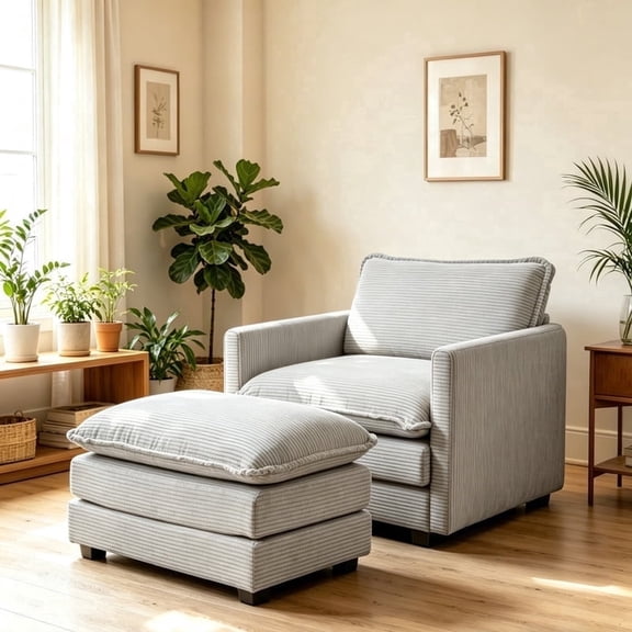 RIAFUN Single Armchair with Ottoman, Modern Corduroy Cloud Couch with Convertible Chaise, Oversized 56" Deep Seat Upholstered Sofa Set, Comfy Modular Small Space Furniture for Living Room, Gray