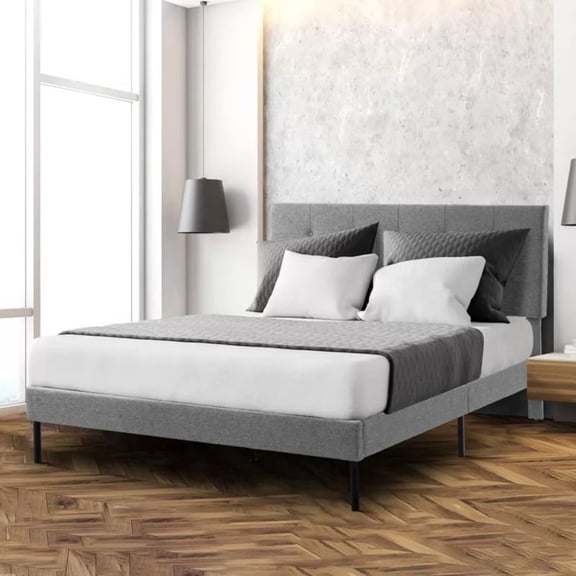 RIAFUN Upholstered Platform Bed Frame Twin Tufted Headboard Wood Slat Light Gray