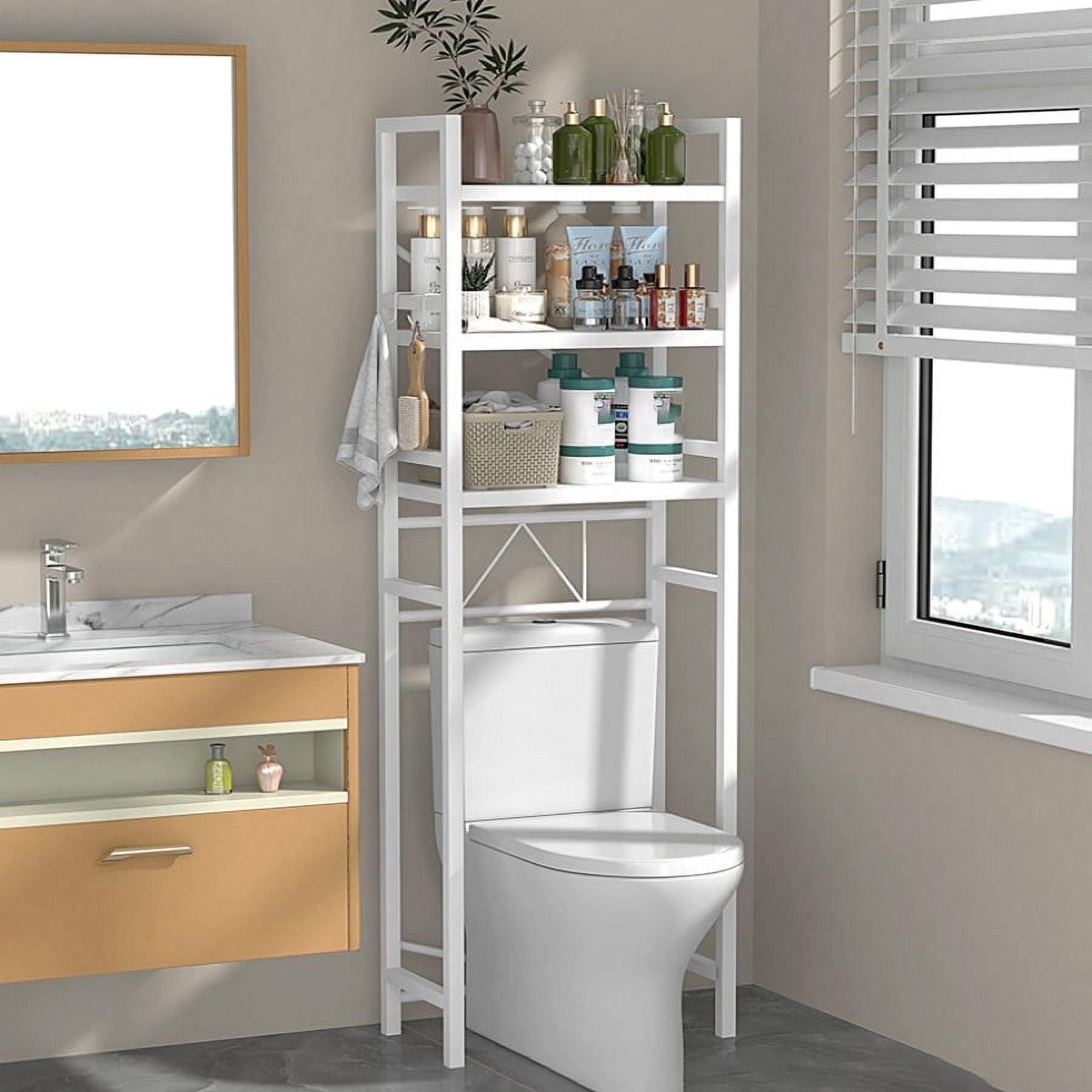 Zrodlmo Over The Toilet Storage Shelf, 3-Tier Freestanding Steel Bathroom Organizer, Adjustable Space Saver Rack with Hooks, White