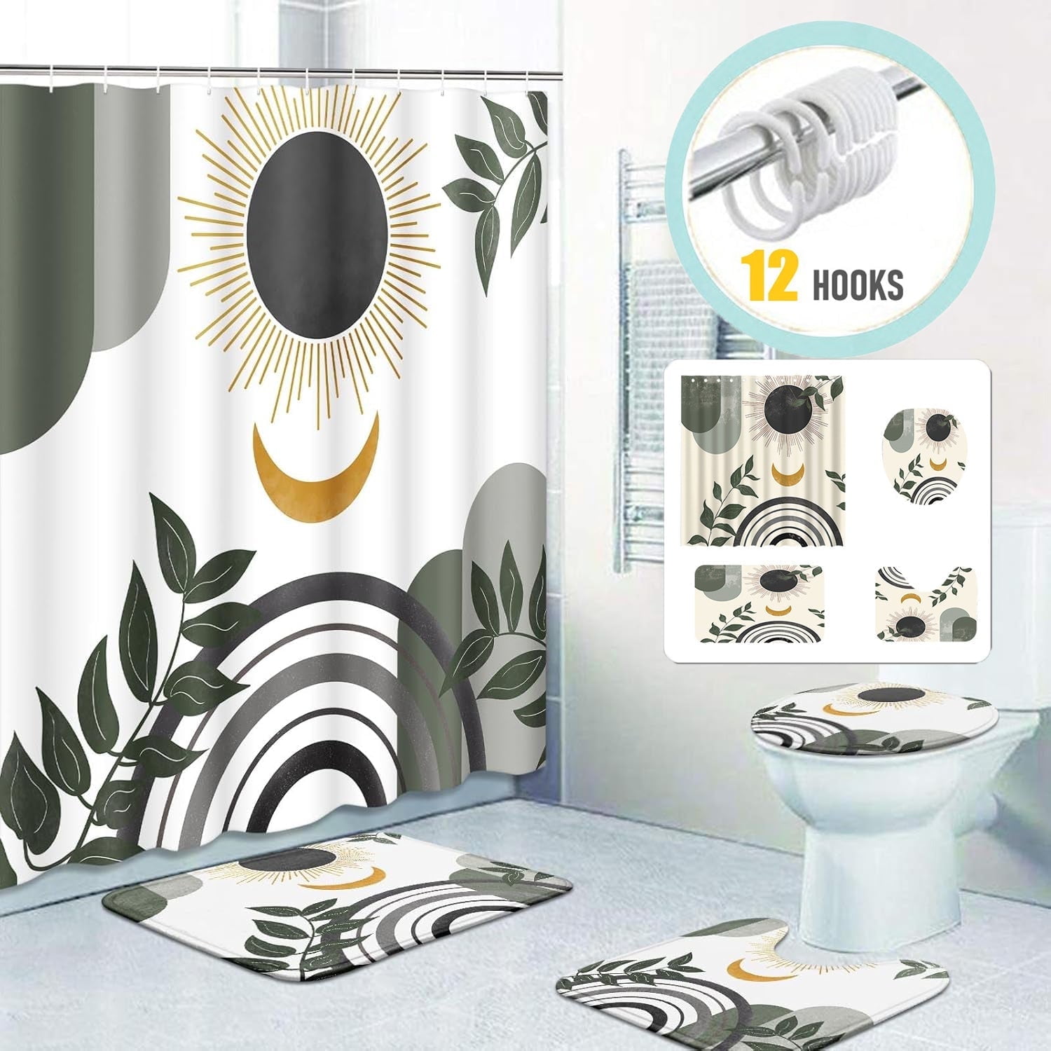 Zrodlmo Boho Shower Curtain and Rug Sets, 16pc Anti-Mold Sun Moon Leaf Modern Bathroom Set, Machine Washable, 72" x 72", Dark Black