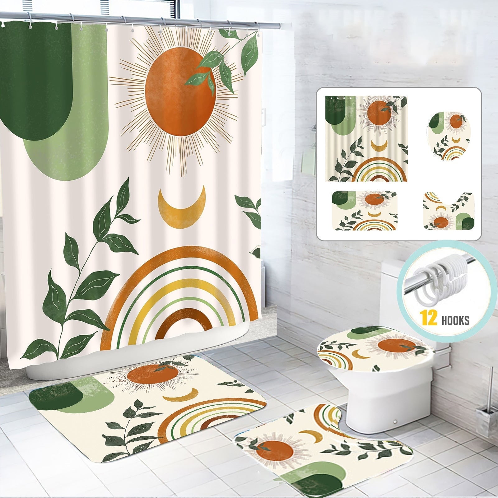 Zrodlmo Boho Shower Curtain and Rug Sets, 16pc Anti-Mold Sun Moon Leaf ...