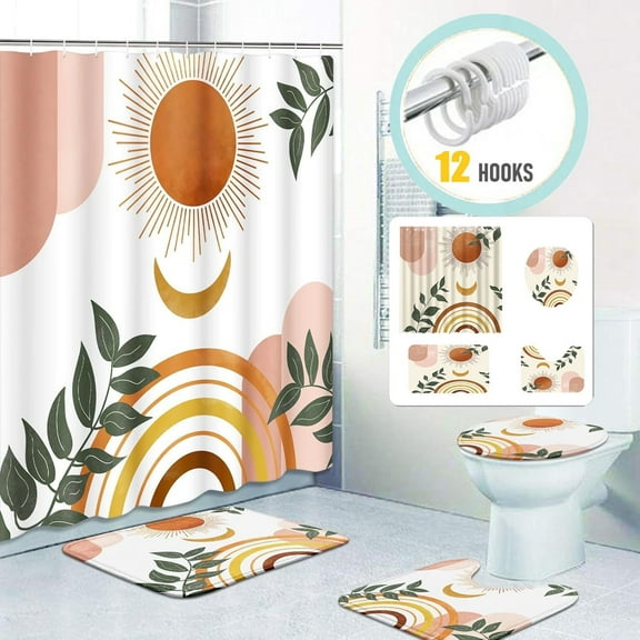 Zrodlmo Boho Shower Curtain and Rug Sets, 16pc Anti-Mold Sun Moon Leaf Modern Bathroom Set, Machine Washable, 72" x 72", Yellow