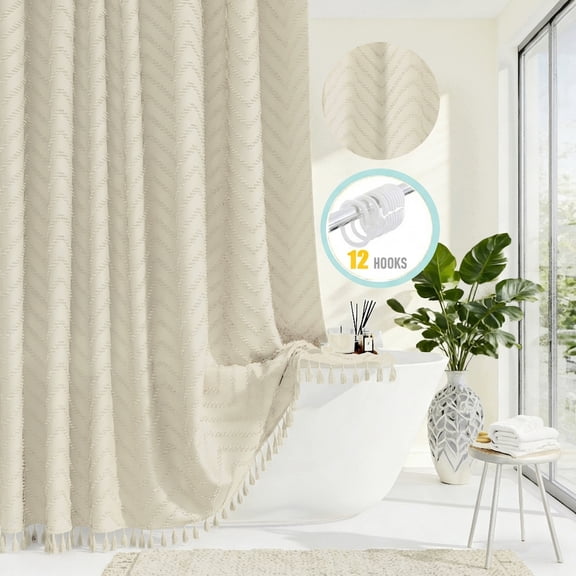 Zrodlmo Boho Chevron Textured Shower Curtain with Hooks, Mildew-Resistant Tassel Fabric Bathroom Curtain, 72" x 72", Beige