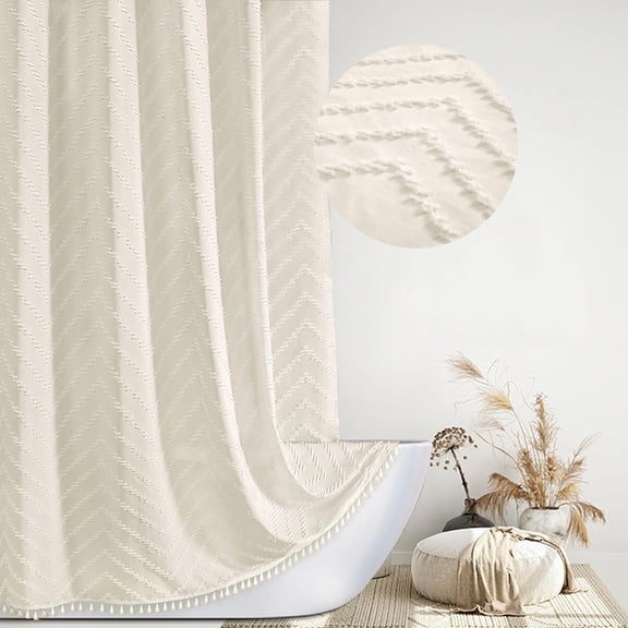 Zrodlmo Boho Chevron Textured Shower Curtain with Hooks, Mildew-Resistant Tassel Fabric Bathroom Curtain, 72" x 72", Beige