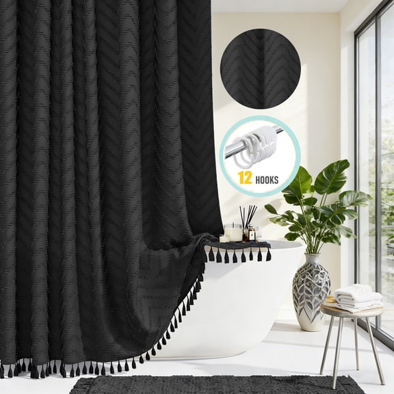 Zrodlmo Boho Chevron Textured Shower Curtain with Hooks, Mildew-Resistant Tassel Fabric Bathroom Curtain, 72" x 72", Black