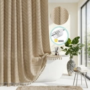 Zrodlmo Boho Chevron Textured Fabric Shower Curtain, Farmhouse Tassel Bathroom Curtain with Hooks, 72"x 72", Khaki