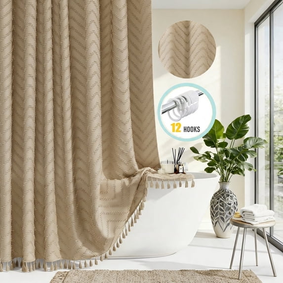 Zrodlmo Boho Chevron Textured Fabric Shower Curtain, Farmhouse Tassel Bathroom Curtain with Hooks, 72"x 72", Khaki