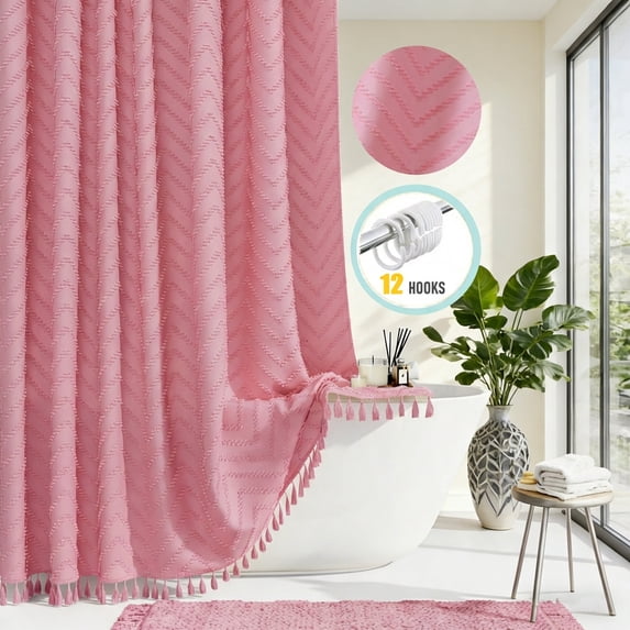 Zrodlmo Boho Chevron Textured Fabric No Hook Shower Curtain,Farmhouse Tassel Bathroom Curtain with Hooks,72"x 72",Pink