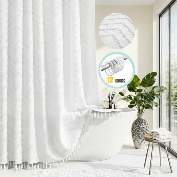 Zrodlmo Boho Chevron Textured Fabric Shower Curtain,Farmhouse Tassel Bathroom Curtain with Hooks,72"x 72", White