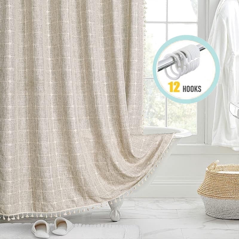 Zrodlmo Boho Farmhouse Shower Curtain with Hooks Rustic Cottagecore Fabric Bathroom Curtain with Tassels, 72" x 72", Beige
