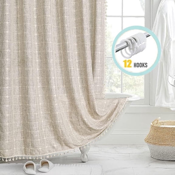 Zrodlmo Boho Farmhouse Shower Curtain with Hooks Rustic Cottagecore Fabric Bathroom Curtain with Tassels, 72" x 72", Beige