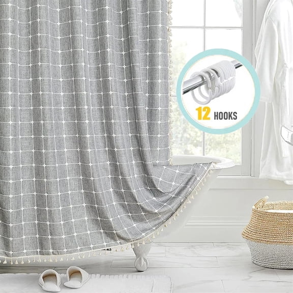 Zrodlmo Boho Farmhouse Shower Curtain with Hooks Rustic Cottagecore Fabric Bathroom Curtain with Tassels, 72" x 72", Gray