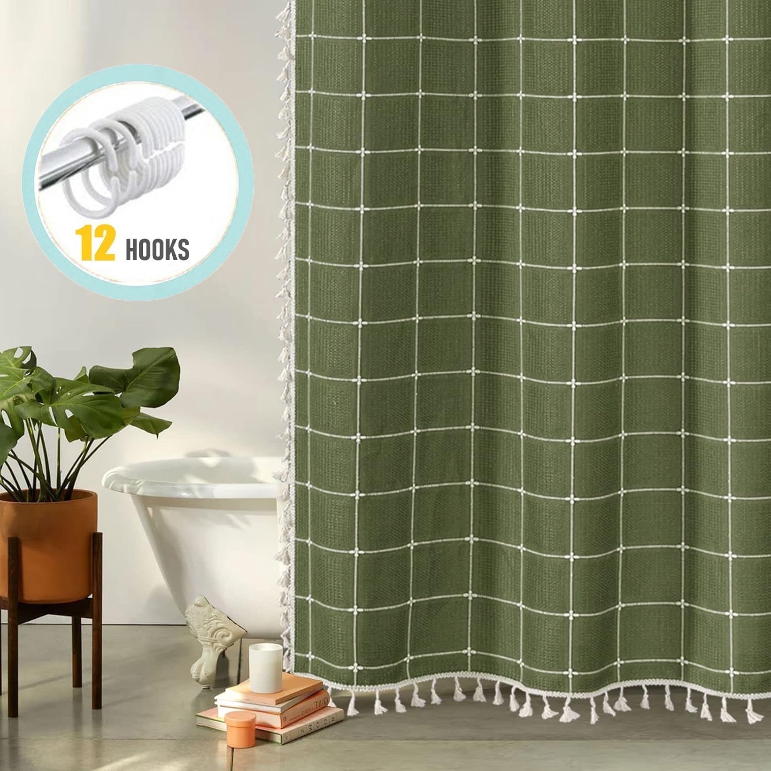 Zrodlmo Boho Farmhouse Shower Curtain with Hooks Rustic Cottagecore Fabric Bathroom Curtain with Tassels, 72" x 72", Green