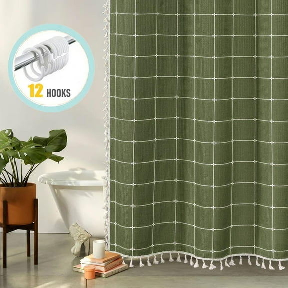 Zrodlmo Boho Farmhouse Shower Curtain with Hooks Rustic Cottagecore Fabric Bathroom Curtain with Tassels, 72" x 72", Green