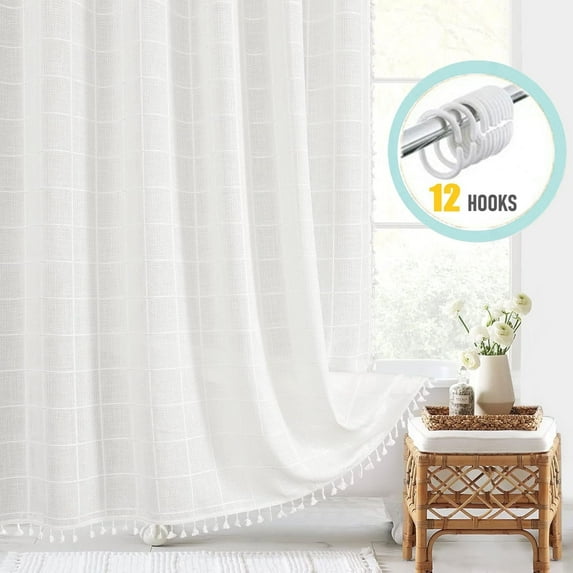 Zrodlmo Boho Farmhouse Shower Curtain Rustic Cottagecore Aesthetic Modern Bathroom Decor with Tassels, 72" x 72", White