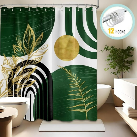 Zrodlmo Boho Shower Curtain with Hooks, Modern Waterproof Fabric Bathroom Curtain, 72" x 72", Green Gold