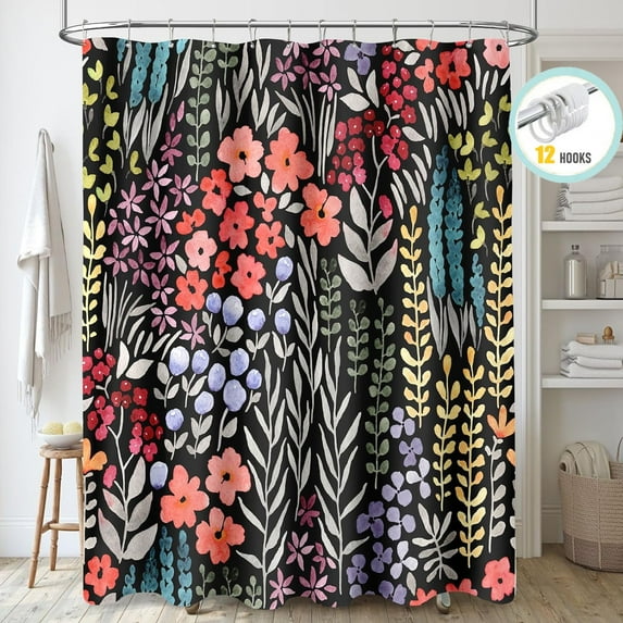 Zrodlmo Boho Watercolor Floral Shower Curtain with Hooks, Water-Repellent Washable Fabric Bathroom Curtain, 72" x 72", Black
