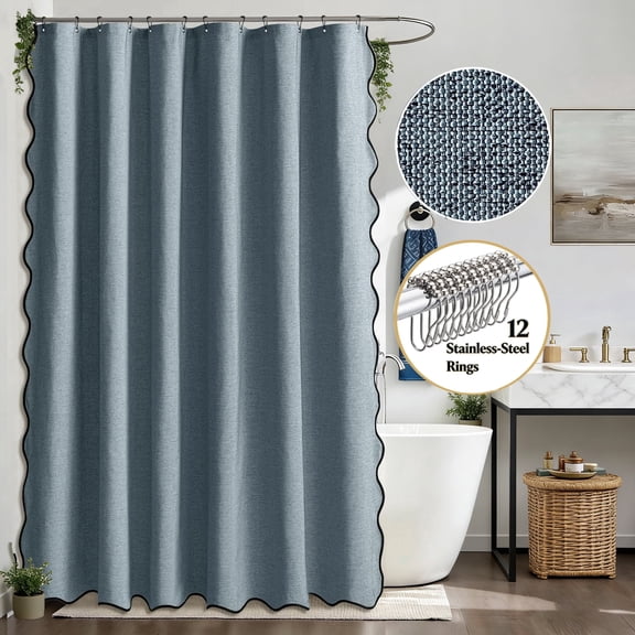 Zrodlmo Dusty Blue Scalloped Shower Curtain with Hooks, Waterproof Thick Linen Textured Fabric Bathroom Curtain, 72"x 72"