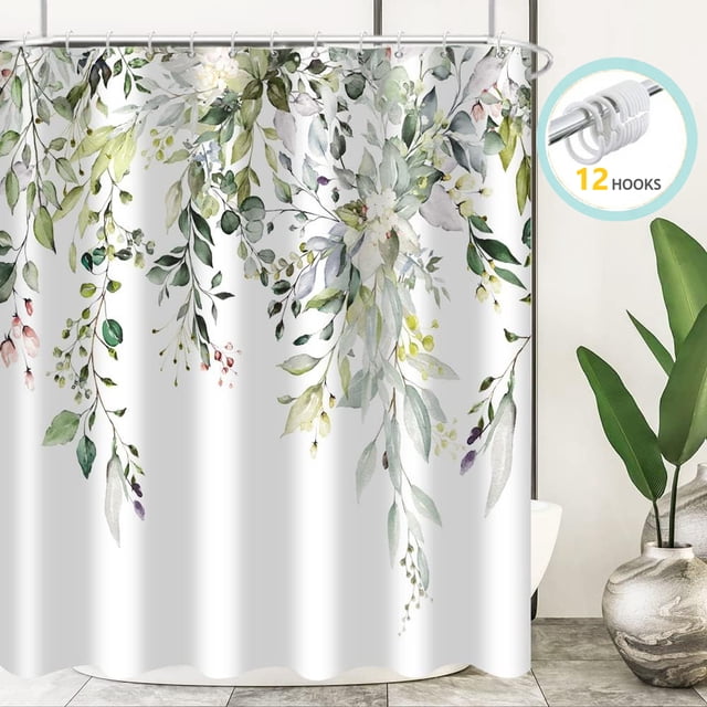 Zrodlmo Eucalyptus Leaves Fabric Shower Curtain, Watercolor Floral Bathroom Curtain with Hooks, 72"x 72", Green