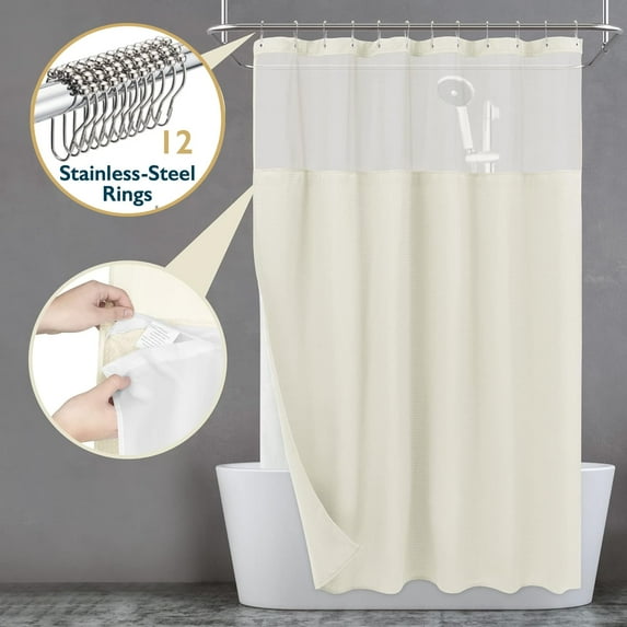 Zrodlmo Fabric Shower Curtain with Hook Liner, Waffle Waterproof and Mildew Resistant Hotel Grade Bathroom Curtain, 72" x 72", Beige