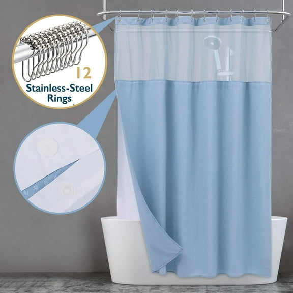 Zrodlmo Fabric Shower Curtain with Hook Liner, Waffle Waterproof and Mildew Resistant Hotel Grade Bathroom Curtain, 72" x 72", Light Blue