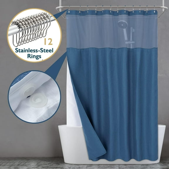 Zrodlmo Fabric Shower Curtain with Hook Liner, Waffle Waterproof and Mildew Resistant Hotel Grade Bathroom Curtain, 72" x 72", Moonlight blue
