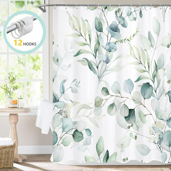 Zrodlmo Floral Fabric Shower Curtain with Hooks, 13-Piece Sage Eucalyptus Leaves Bathroom Curtain, 72" x 72", Green