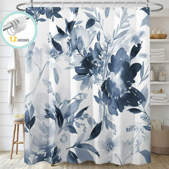 Zrodlmo Floral Fabric Shower Curtain with Hooks, 13-Piece Watercolor Plant Leaves Bathroom Curtain, 72" x 72", Blue
