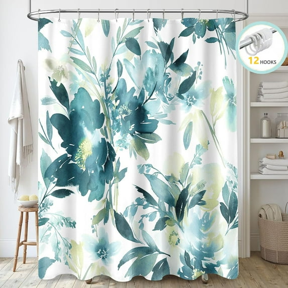 Zrodlmo Floral Fabric Shower Curtain with Hooks, 13-Piece Watercolor Plant Leaves Bathroom Curtain, 72" x 72", Green
