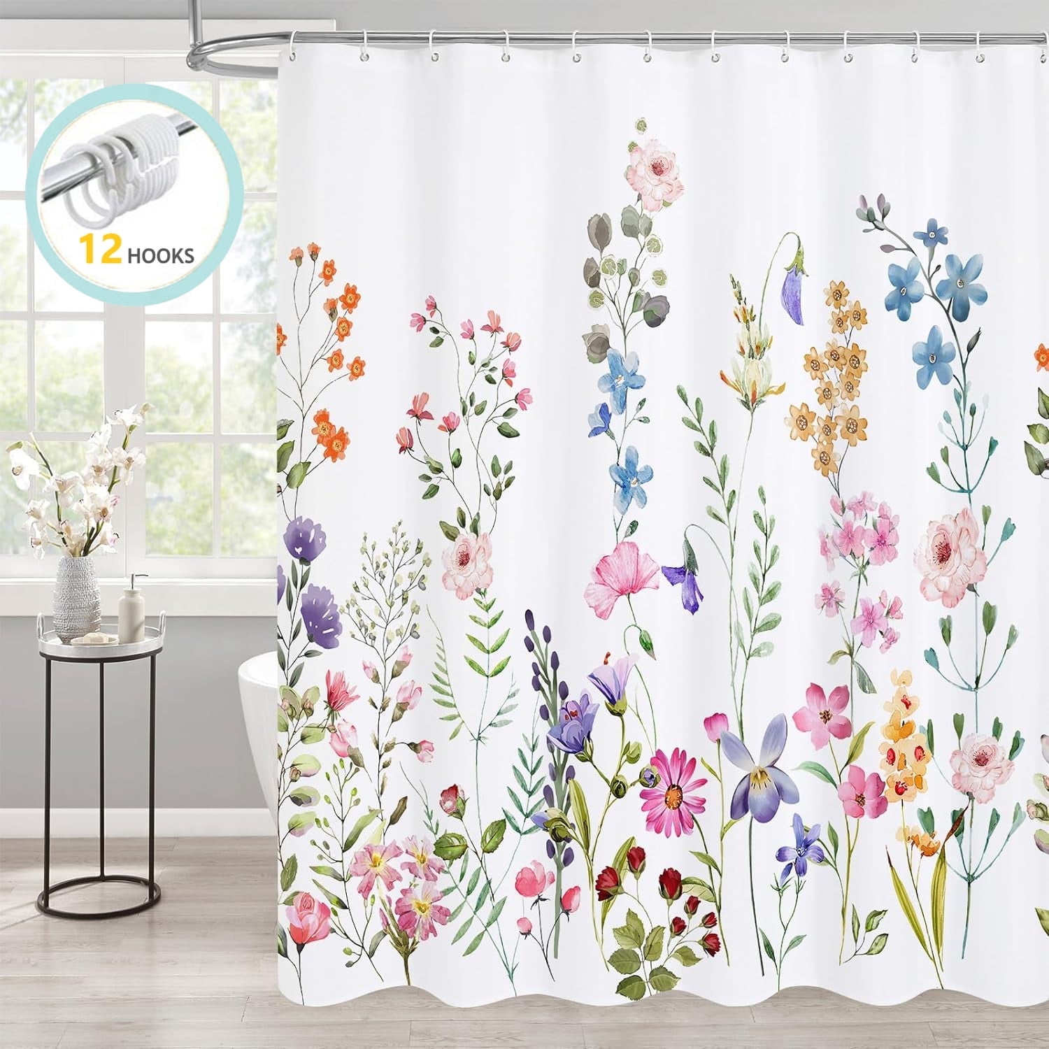 Zrodlmo Floral Shower Curtain,White Waterproof Bathroom Curtain with ...
