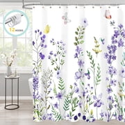 Zrodlmo White Floral Shower Curtain with Hooks, Water-Repellent Washable Fabric Bathroom Curtain, 72"x 72", Violet Flower