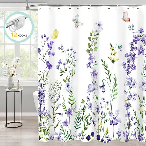 Zrodlmo White Floral Shower Curtain with Hooks, Water-Repellent Washable Fabric Bathroom Curtain, 72"x 72", Violet Flower