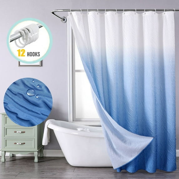 Zrodlmo Gradient Bubbles Textured Shower Curtain with Hooks, Water-Repellent Washable Fabric Bathroom Curtain, 72" x 72", Blue