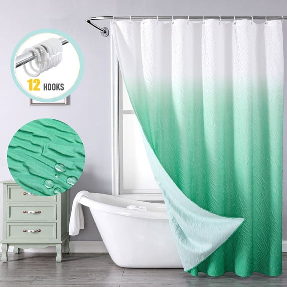 Zrodlmo Gradient Bubbles Textured Shower Curtain with Hooks, Water-Repellent Washable Fabric Bathroom Curtain, 72" x 72", Green