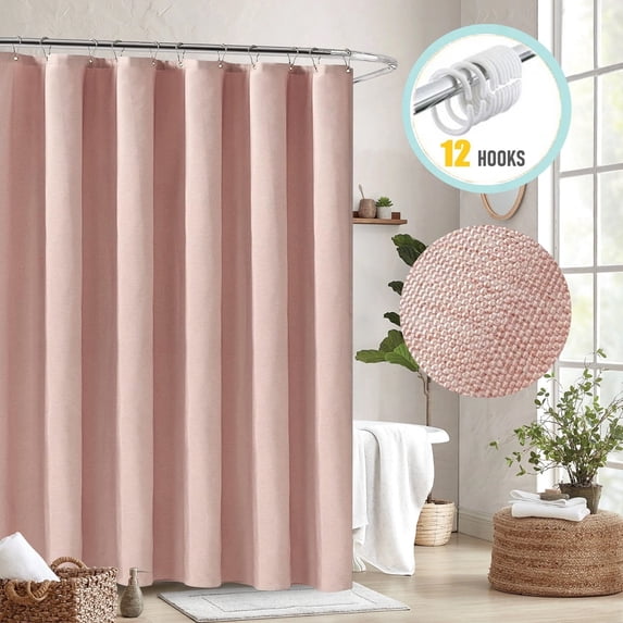 Zrodlmo Linen Textured Cloth Shower Curtain with hooks,Water-Repellent Washable Bathroom Curtain, 72" x 72", Pink