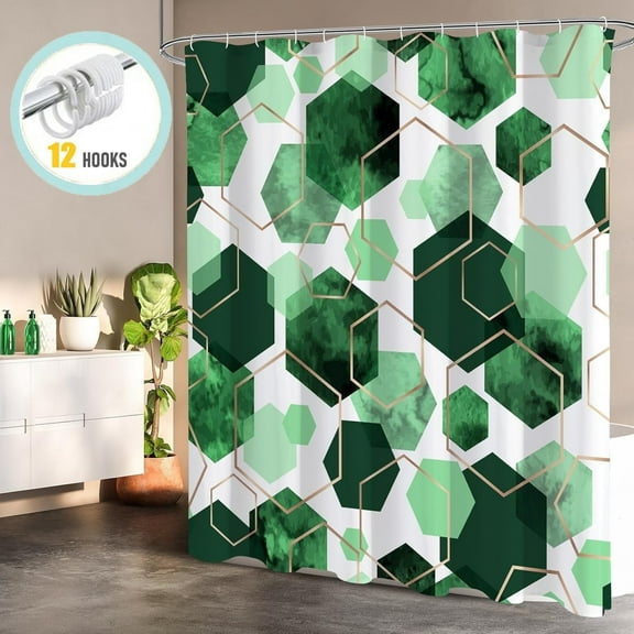 Zrodlmo Geometric Shower Curtain with Hooks, Modern Waterproof Fabric Bathroom Curtain, 72" x 72", Green