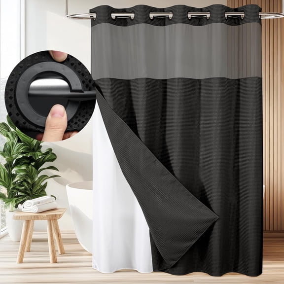 Zrodlmo No Hook Fabric Shower Curtain with Snap Lining, Waffle Waterproof and Mildew Resistant Bathroom Curtain, 72" x 74", Black