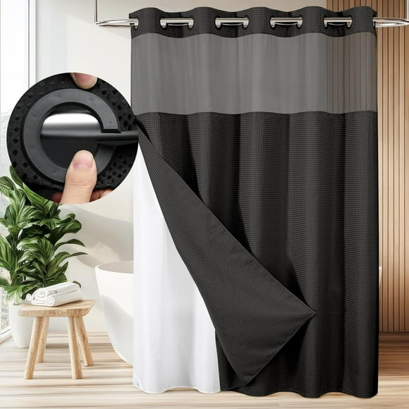 Zrodlmo No Hook Fabric Shower Curtain with Snap Lining, Waffle Waterproof and Mildew Resistant Bathroom Curtain, 72" x 74", Black
