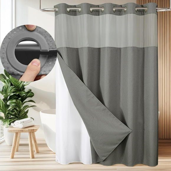 Zrodlmo No Hook Fabric Shower Curtain with Snap Lining, Waffle Waterproof and Mildew Resistant Bathroom Curtain, 72" x 74", Gray