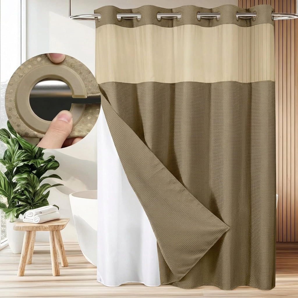 Zrodlmo No Hook Fabric Shower Curtain with Snap Lining, Waffle Waterproof and Mildew Resistant Bathroom Curtain, 72" x 74", Khaki