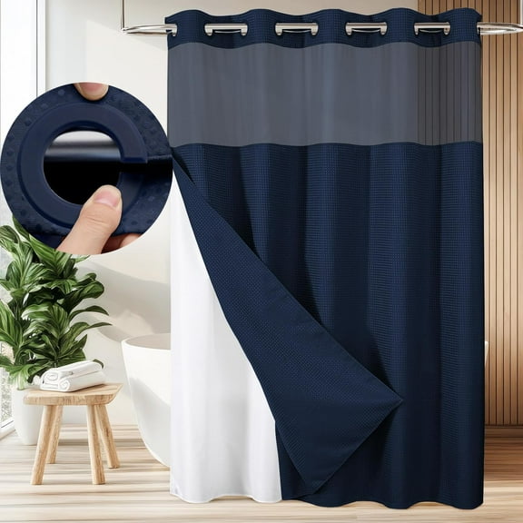Zrodlmo No Hook Fabric Shower Curtain with Snap Lining, Waffle Waterproof and Mildew Resistant Bathroom Curtain, 72" x 74", Navy Blue